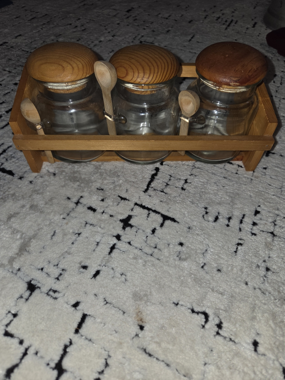 Wooden Three-Jar Spice Rack with Lids and Spoons - Natural Wood